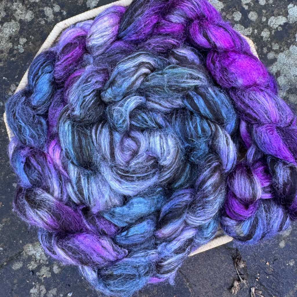 Single Batch 422 Hand Dyed on 50/50 Black Alpaca and Tussah Silk - 250g Top in a Spinners Braid