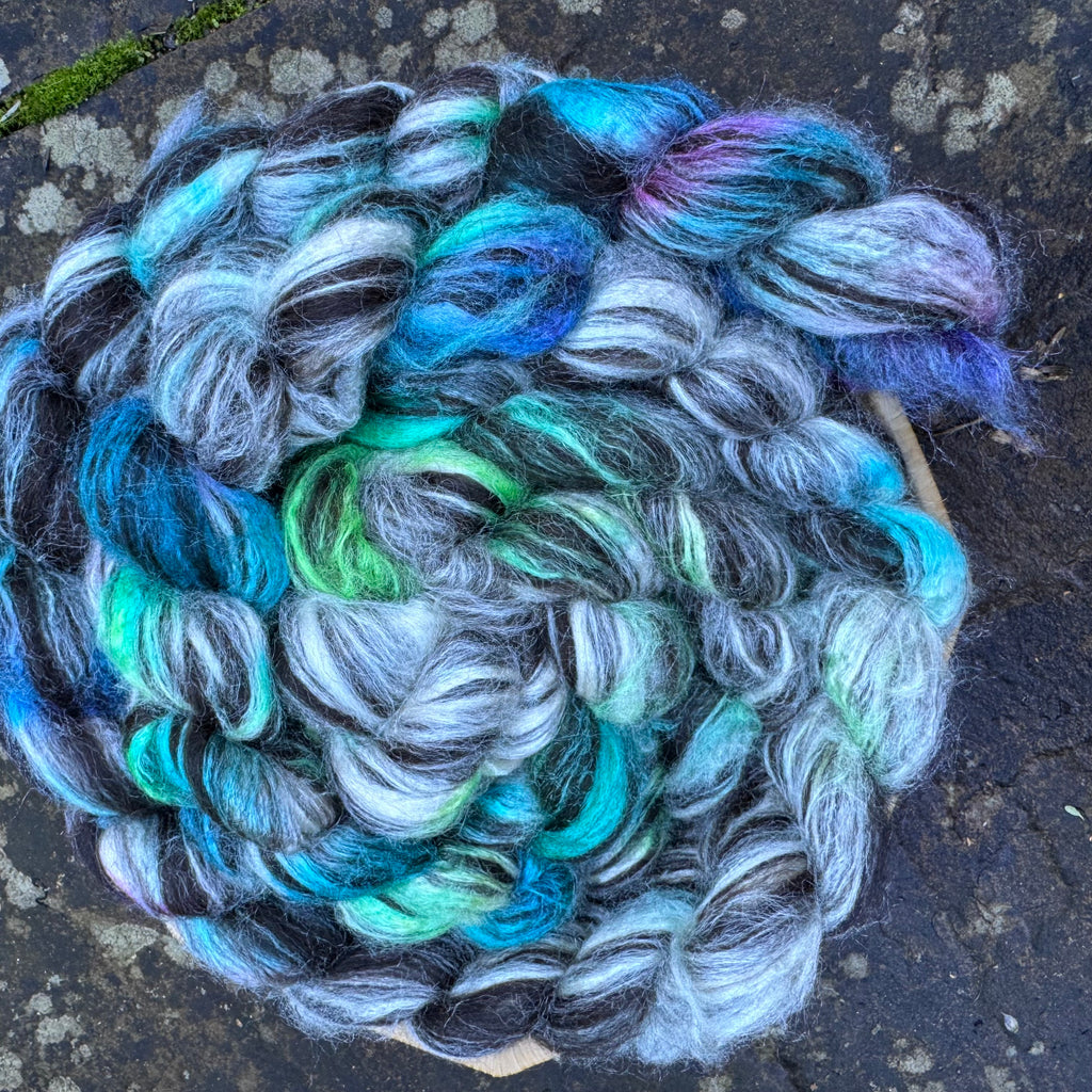 Single Batch 423 Hand Dyed on 50/50 Black Alpaca and Tussah Silk - 250g Top in a Spinners Braid