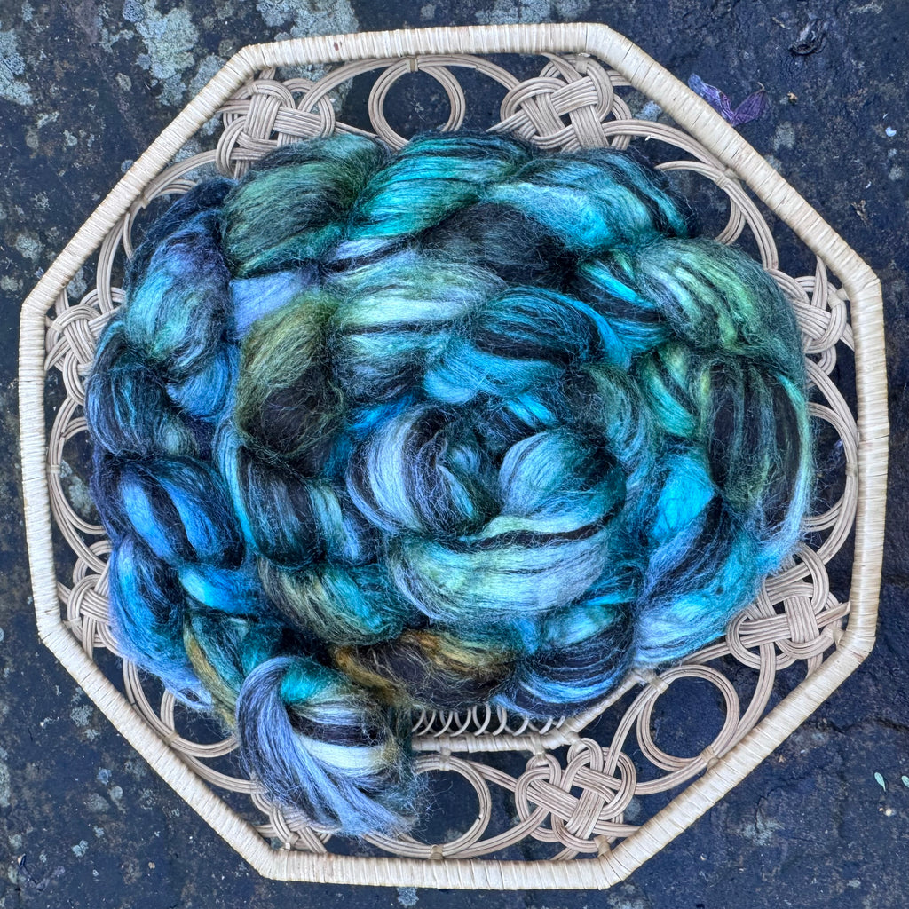 Single Batch 424 Hand Dyed on 50/50 Black Alpaca and Tussah Silk - 100g Top in a Spinners Braid