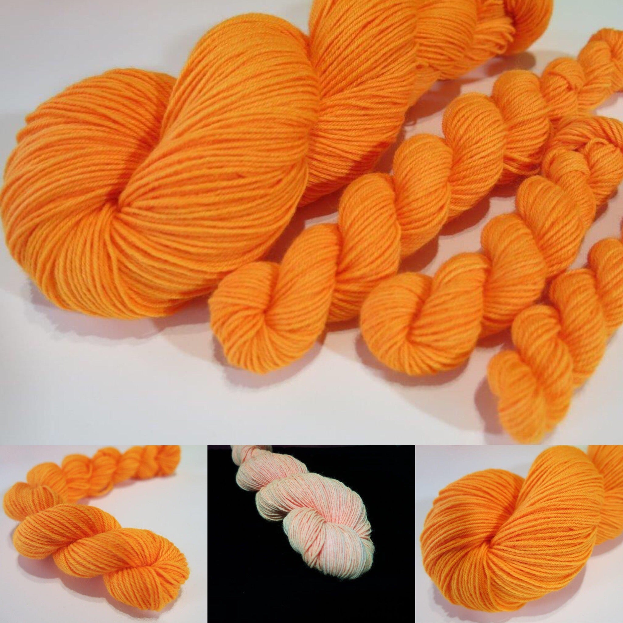 hand dyed solid orange yarn fluorescing under uv black light