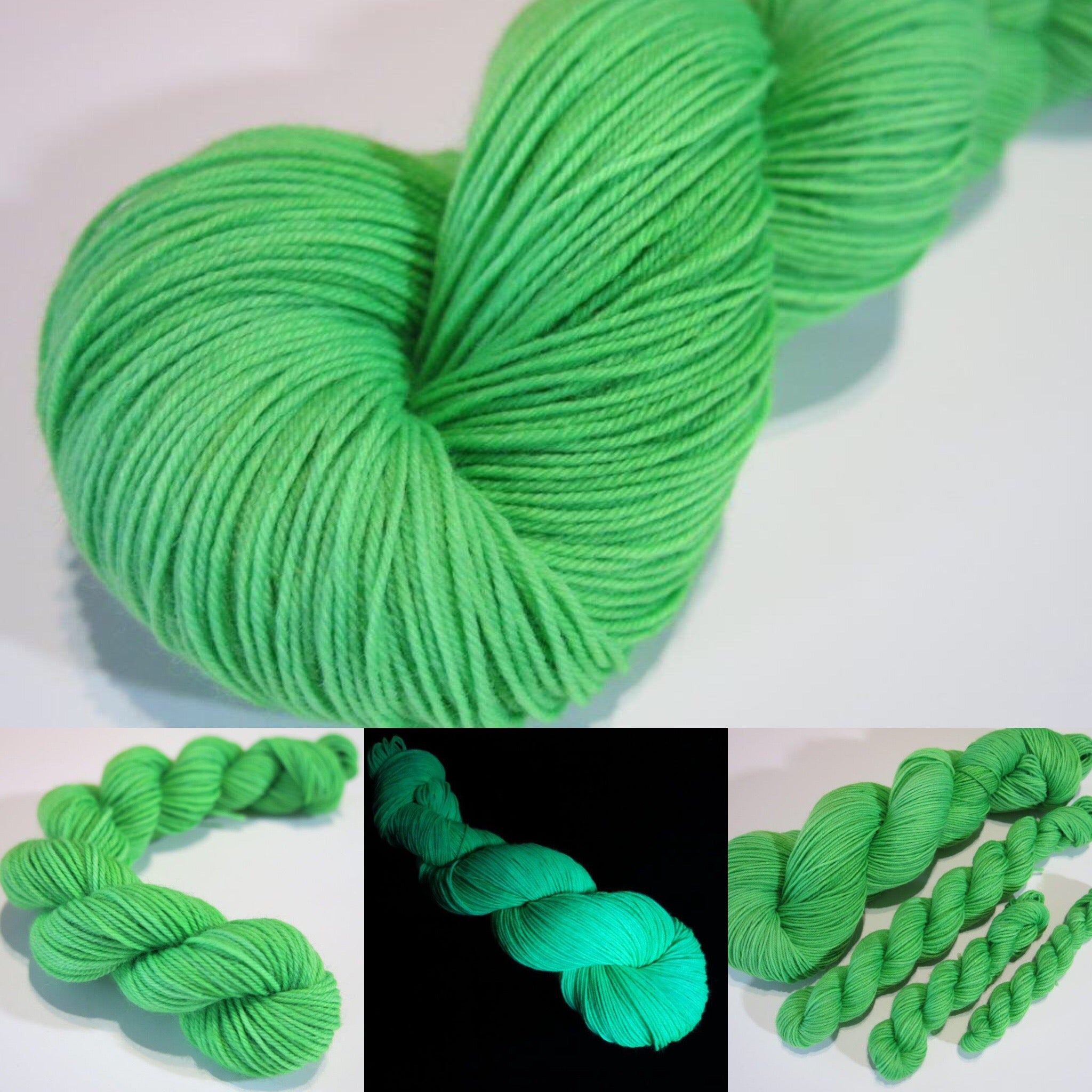hand dyed kelly green yarn fluorescing under uv black light