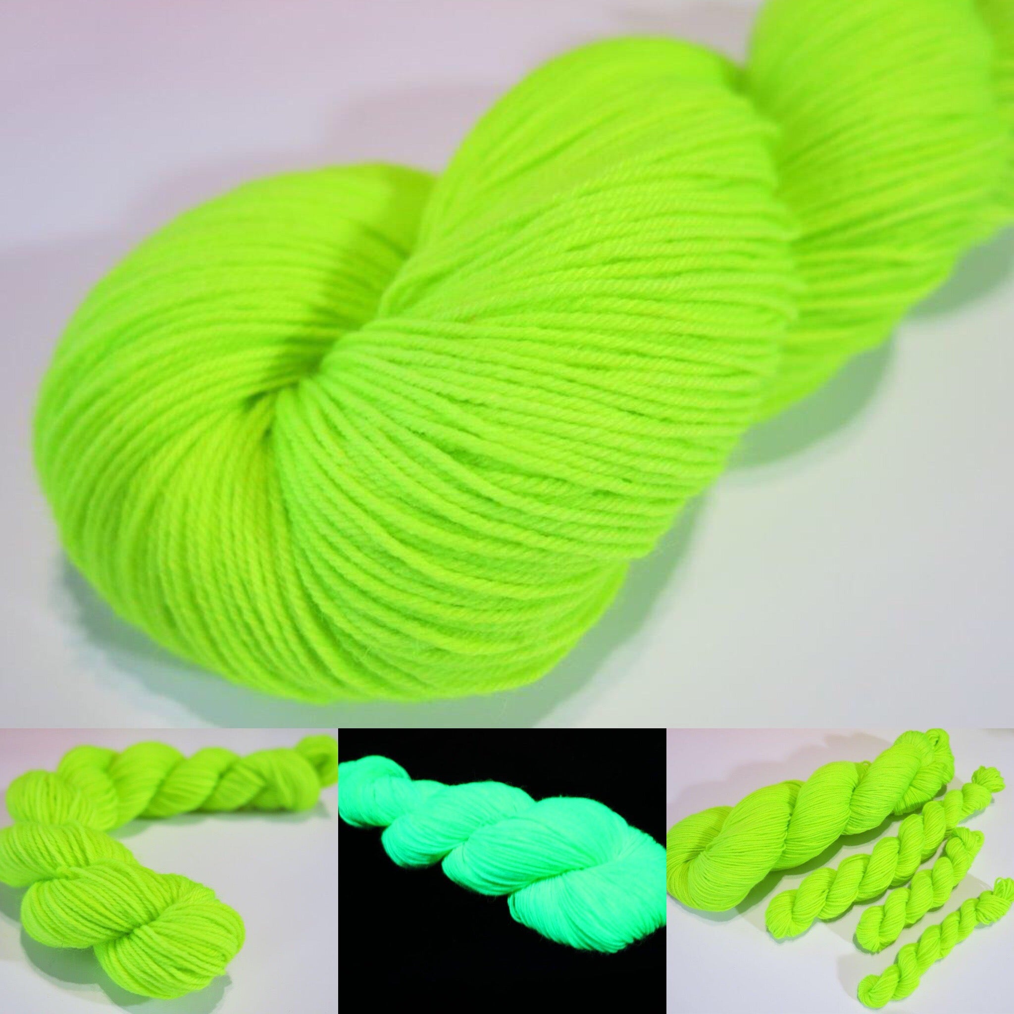 hand dyed neon yellow green yarn fluorescing under uv black light