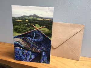 knitting in scotland photo greeting card of the Eildons