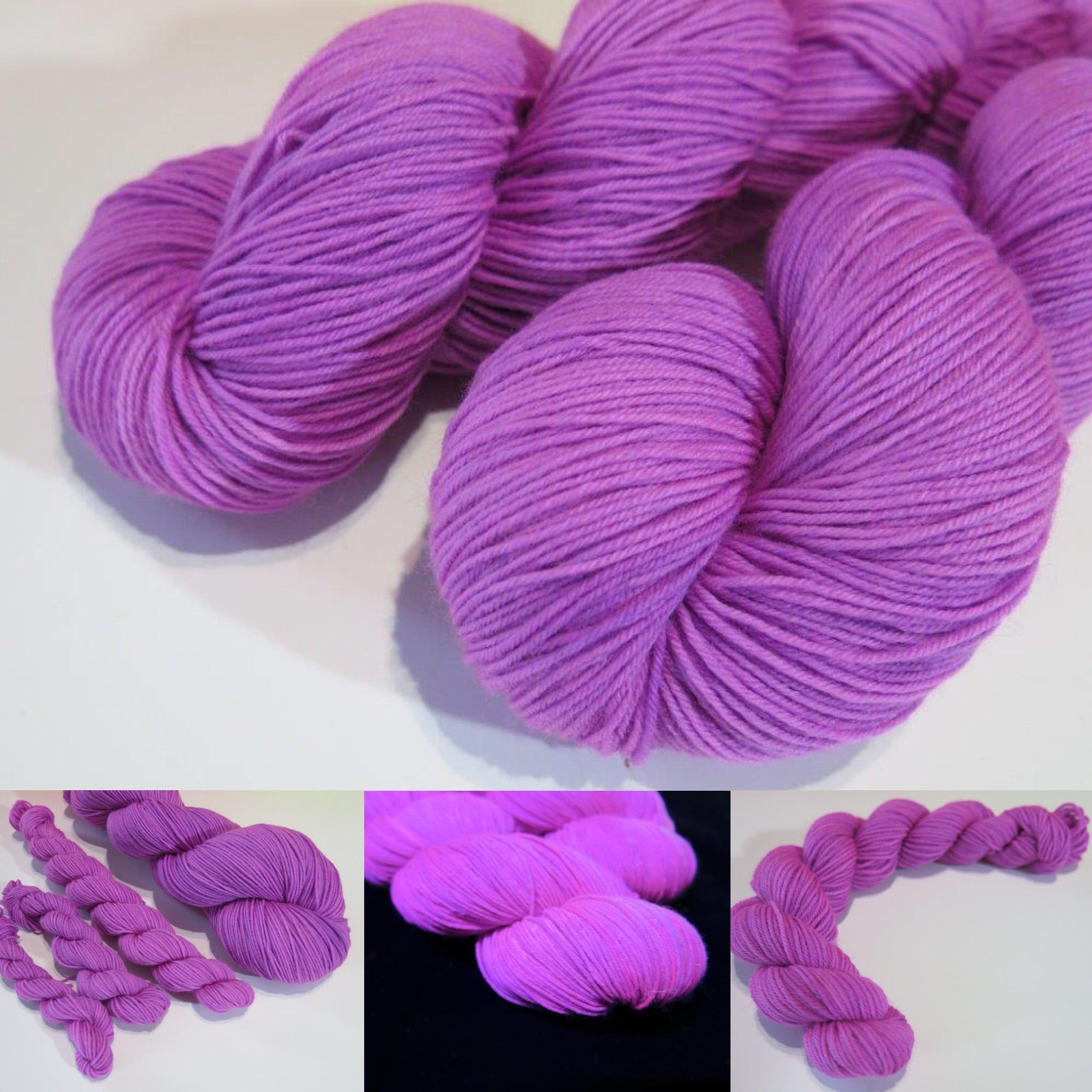 indie dyed purple yarn fluorescing under uv black light