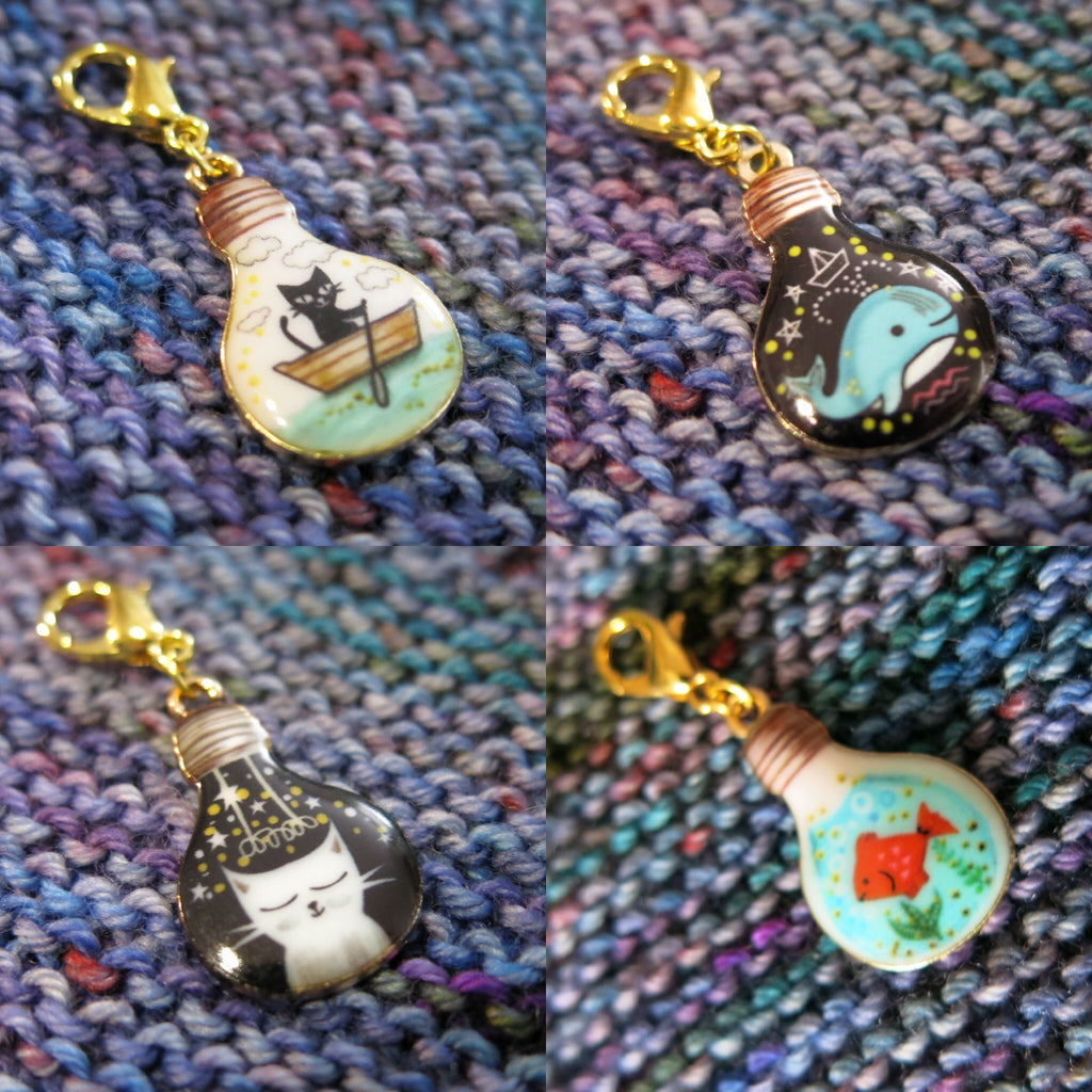 enamel cat and fish stitch markers and progress keepers for knitting