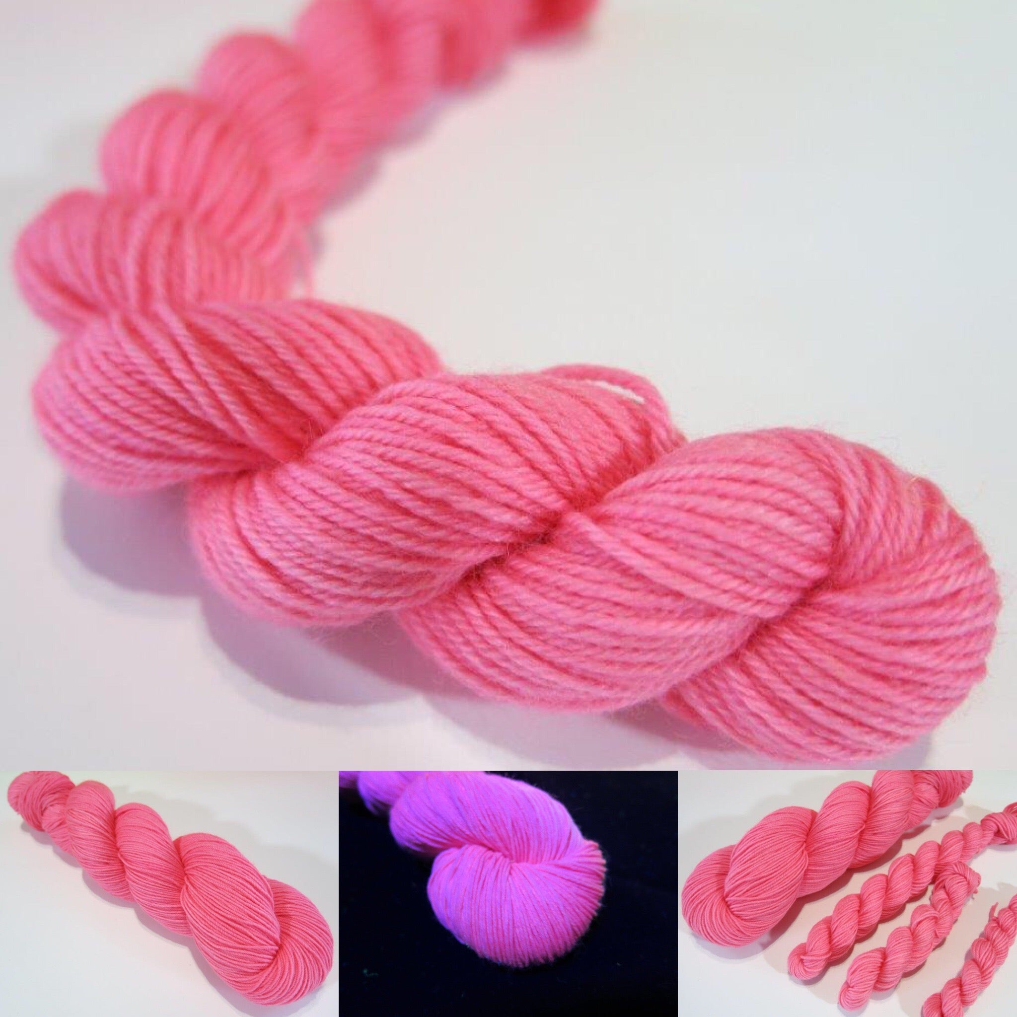 hand dyed light pink yarn fluorescing under uv black light