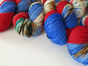 hand dyed red white and blue dk yarn skeins