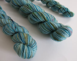 hand dyed blue green superwash merino sock yarn mini skein