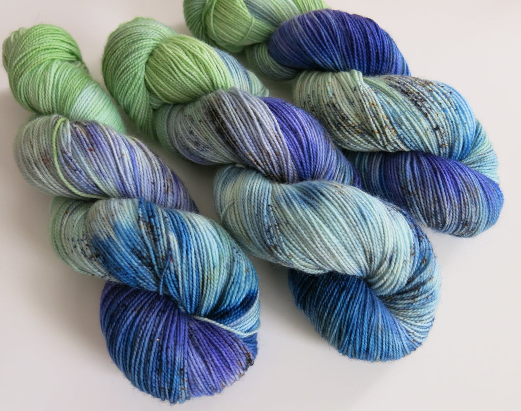 indie dyed blue green and purple bfl sock yarn skeins