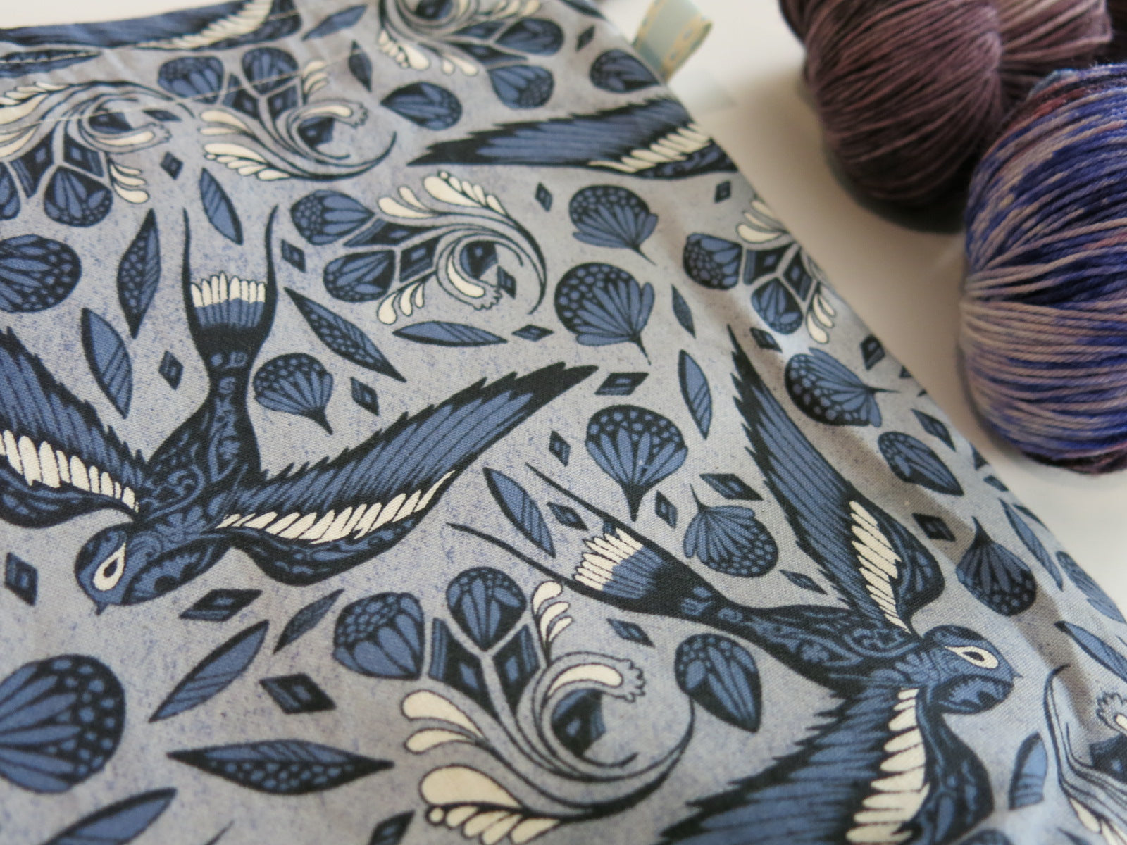 blue illustrated bird print cotton drawstring tote bag