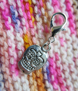 silver sugar skull charm on a lobster clasp for bracelets, crochet and zippers
