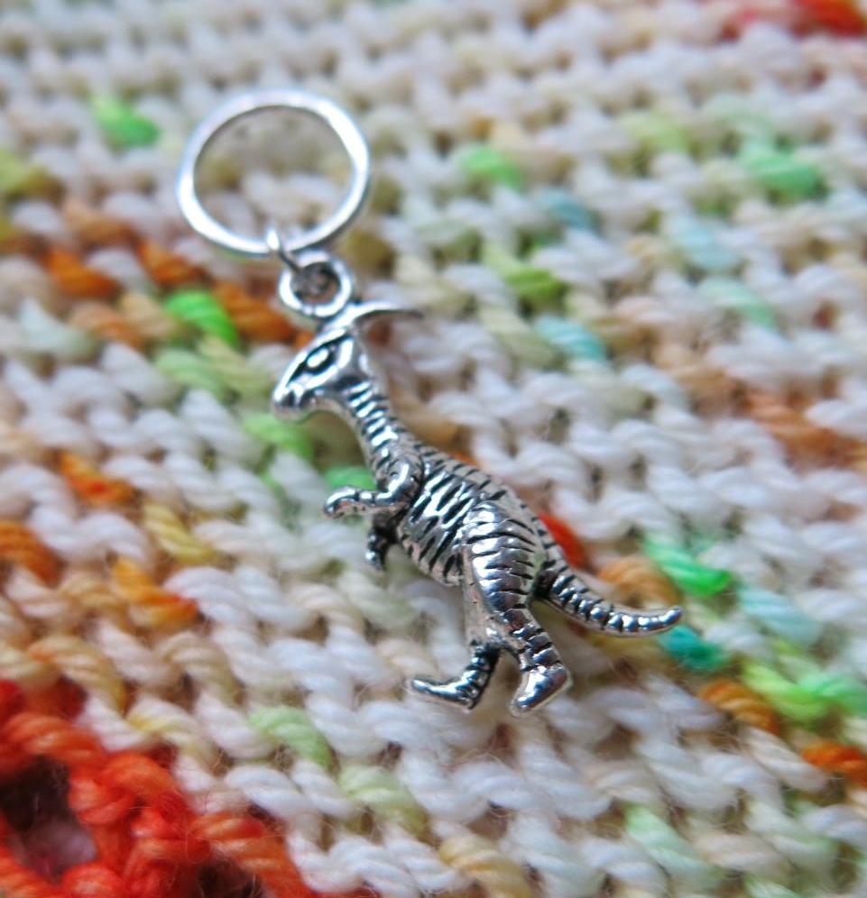 parasaurolophus charm on a snagless jump ring for knitting