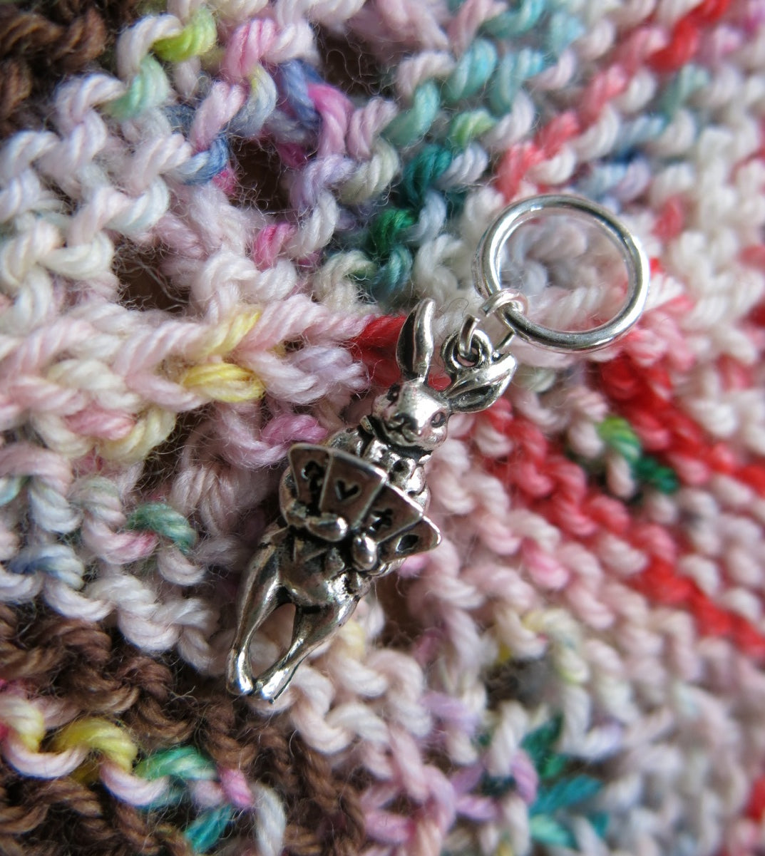 white rabbit stitch marker for knitting projects