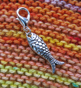 silver salmon fish charm on a clasp for bracelets, crochet and knitting