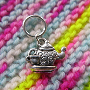 double sided silver teapot charm on a snagless jump ring for knitting