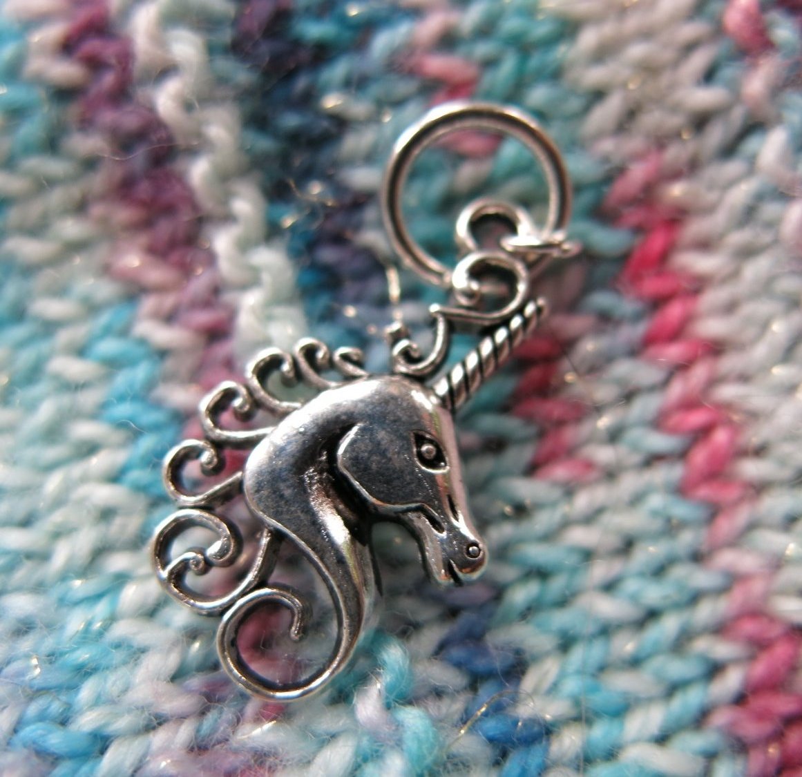 silver snagless unicorn stitch marker for knitting projects