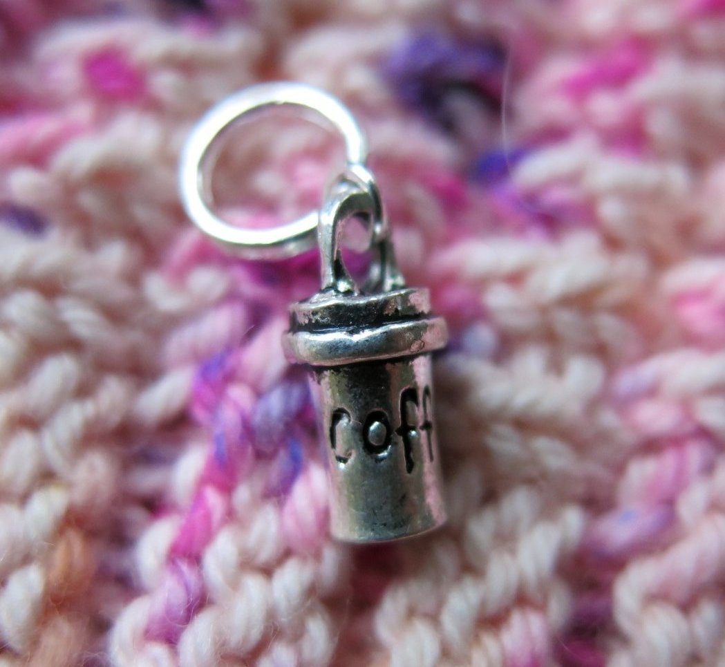 coffe tumbler charm on a snagless jump ring for knitting projects