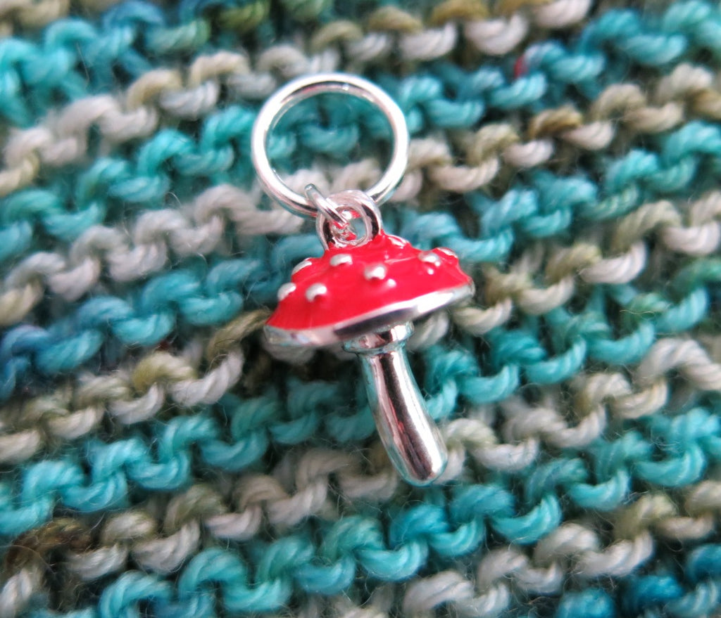 silver and red enamel spotted mushroom stitch marker for knitting