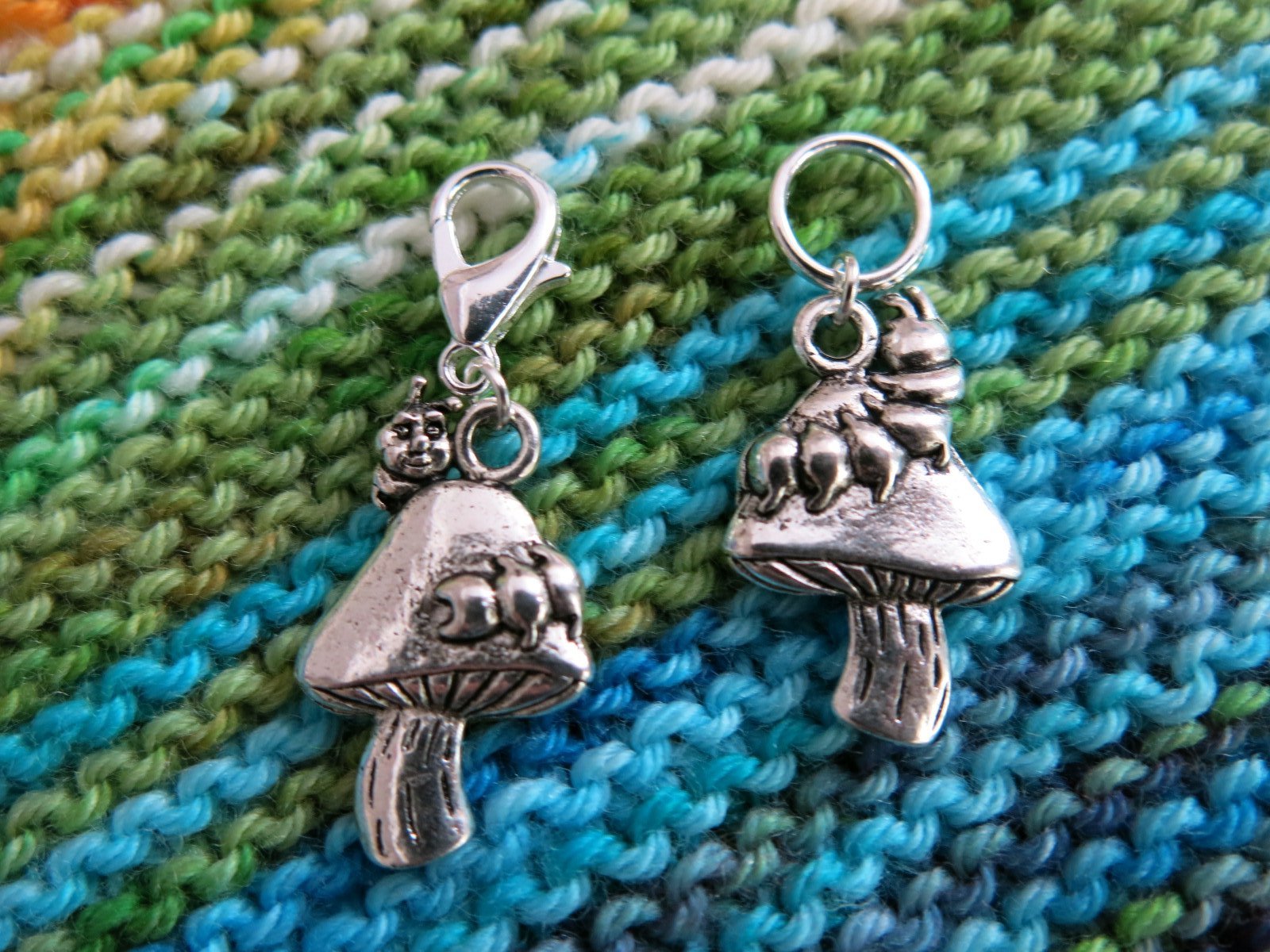alice in wonderland caterpillar and mushroom hanging charm on a clasp