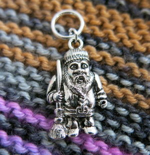 man with a broom snagless stitch marker for knitting projects