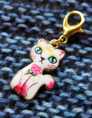 enamel cat and rose hanging charm for progress keeping crochet