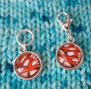 brown white and orange butterfly wing stitch markers for knitting and crochet