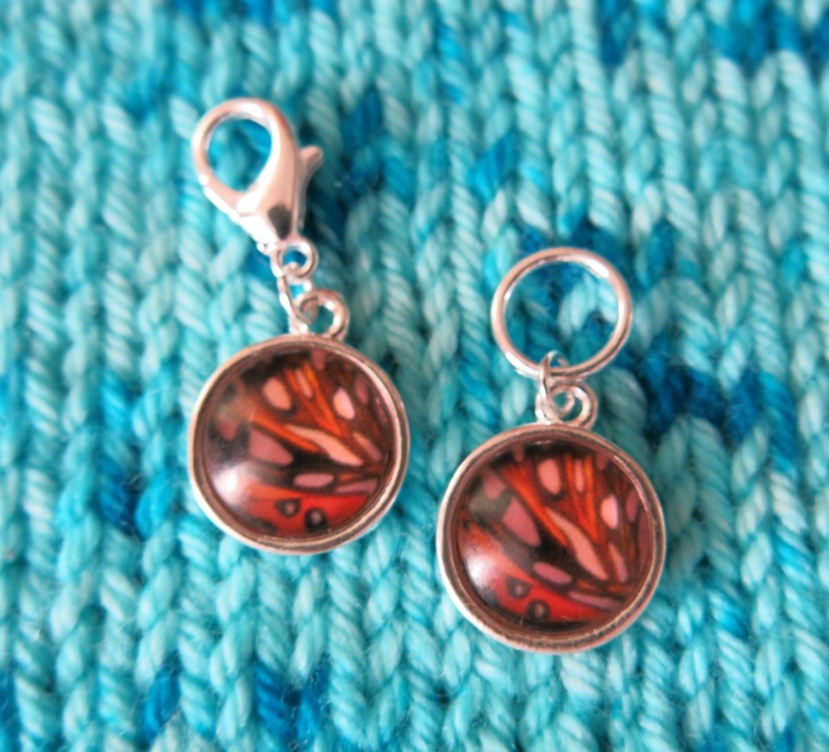 brown white and orange butterfly wing stitch markers for knitting and crochet