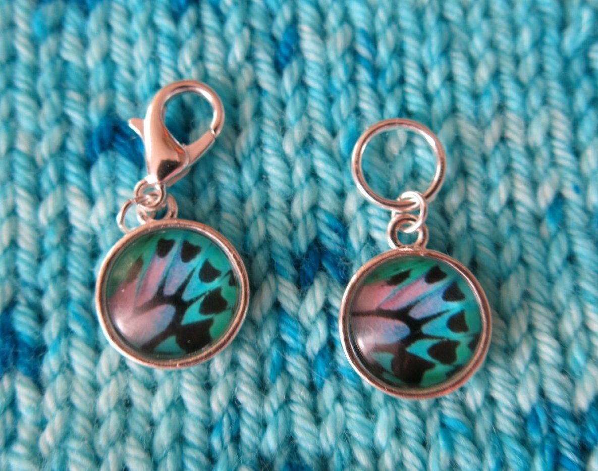 purple and blue butterfly wing stitch markers for knitting and crochet