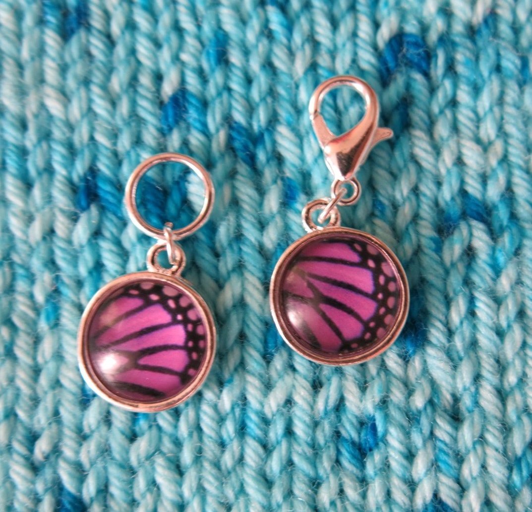 purple and black butterfly wing stitch markers for knitting and crochet