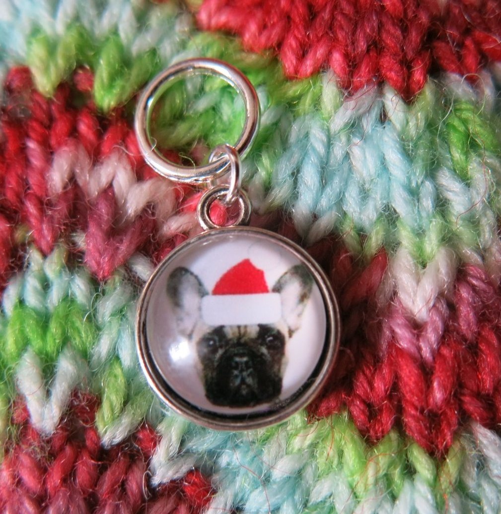 silver snagfree santa french bulldog stitch marker for knitting