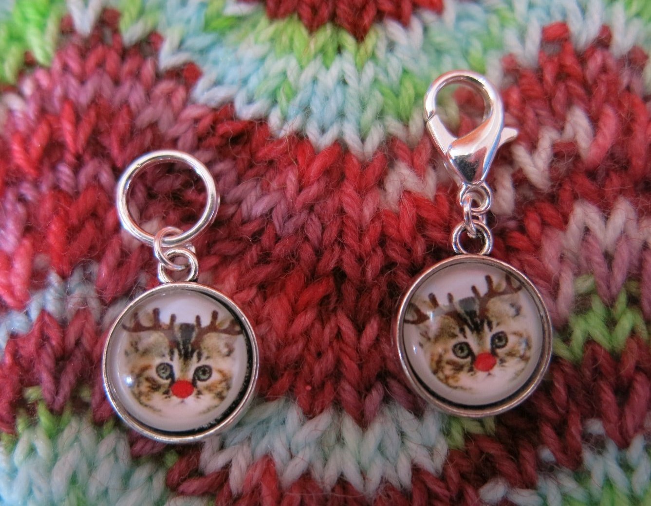 red nosed christmas tabbly cat charms for knitting and crochet