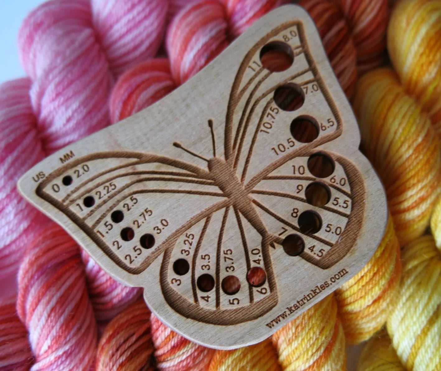 wooden laser cut butterfly design knitting needle gauge