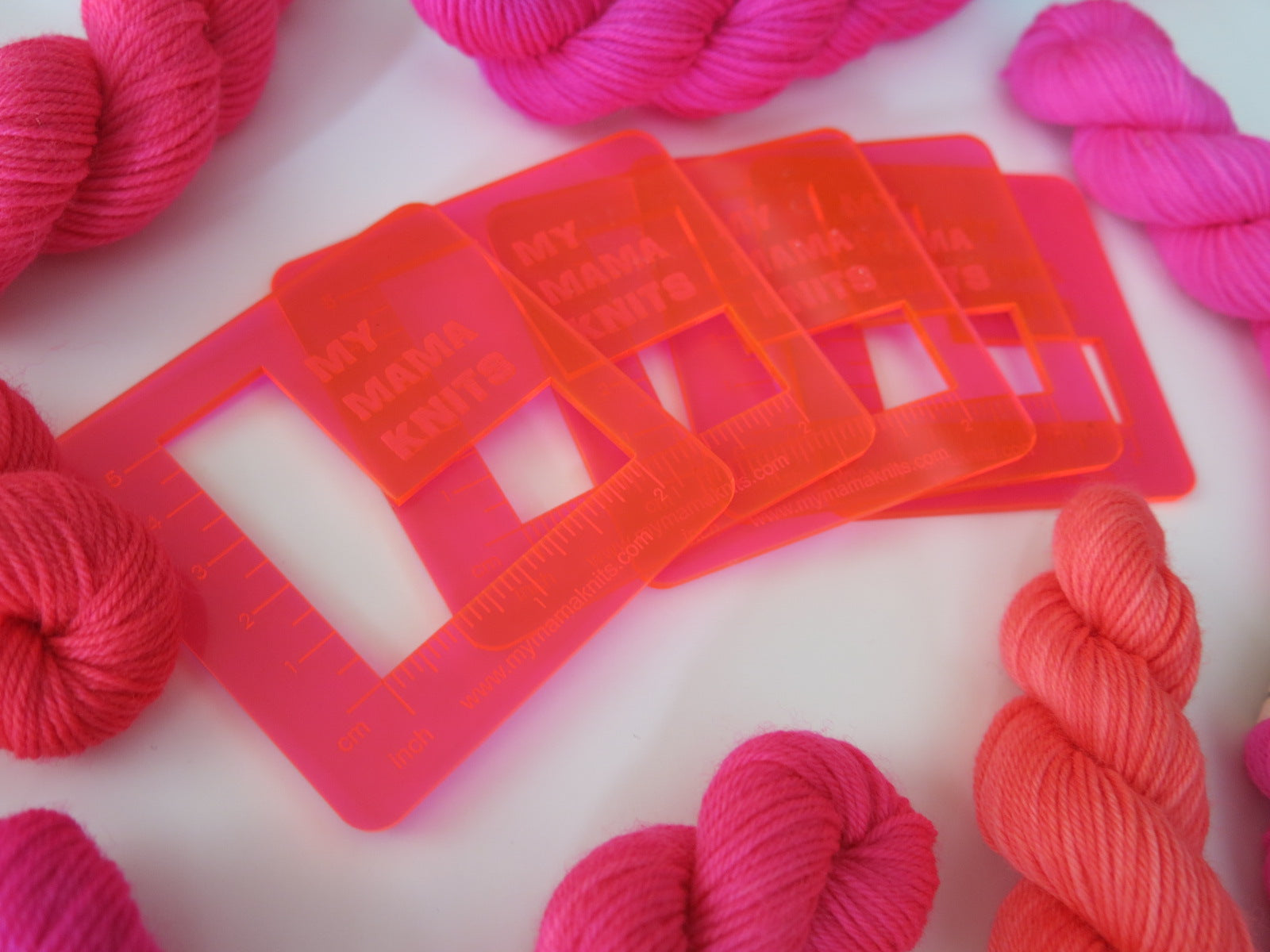 katrinkles acrylic swatch rulers in neon pink orange for knitting and crochet