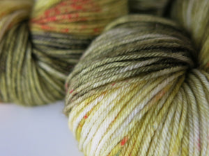 green and cream 4 ply sock yarn with red speckles like a trex