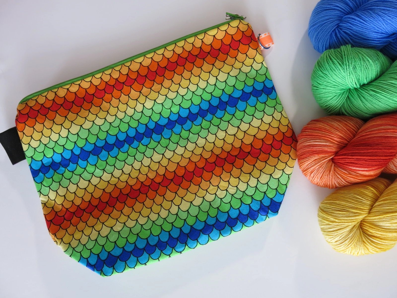 cotton zippered knitting project bags with a rainbow print
