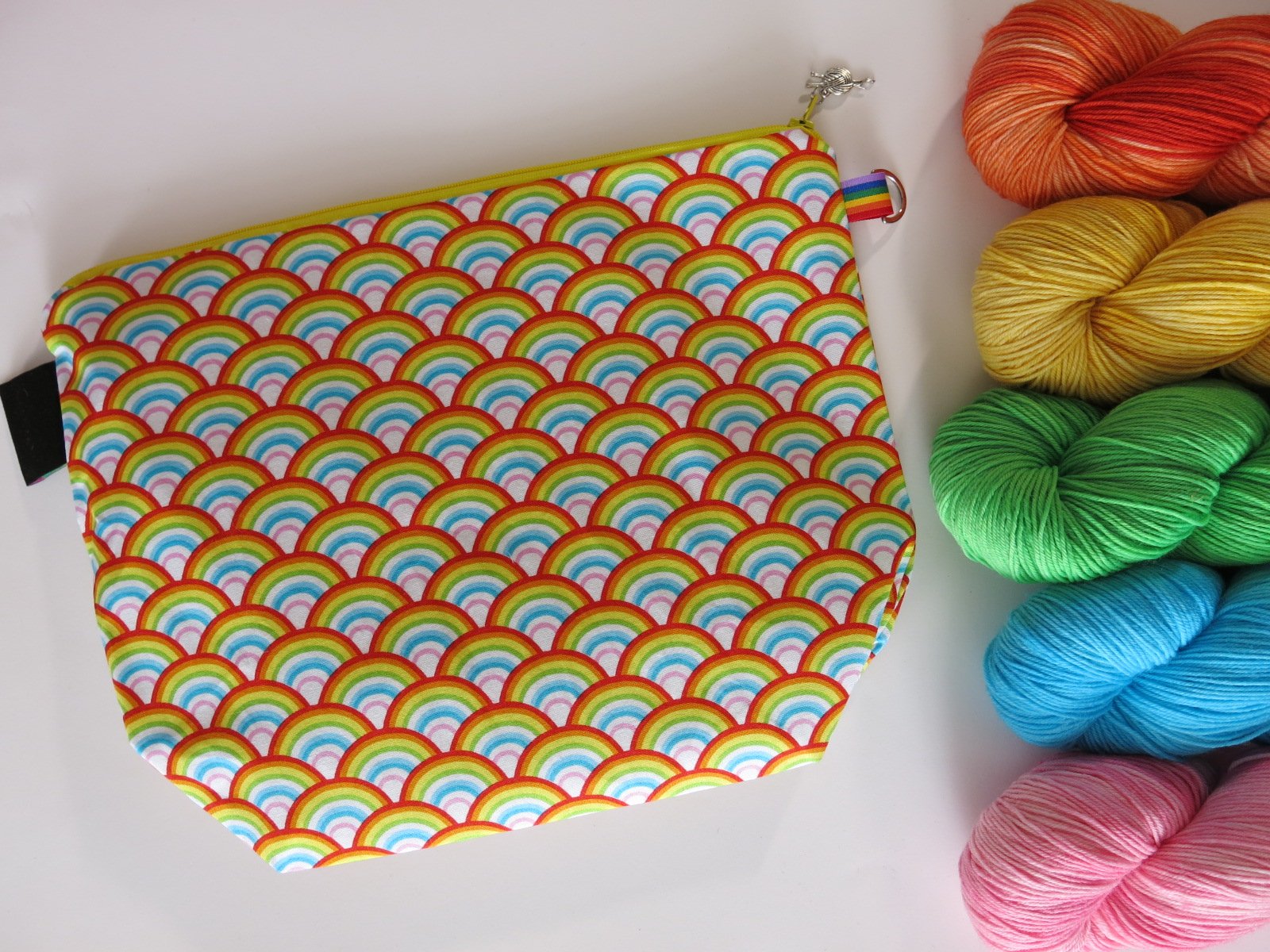 cotton zipper knitting project bags with a rainbow print