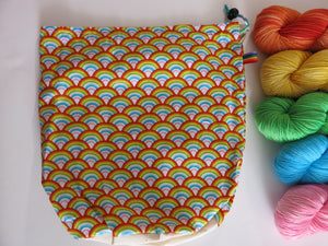 cotton drawstring knitting project bags with a rainbow print