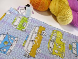 pastel purple cotton drawstring knitting project bag with vw campervans