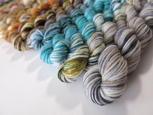 indie dyed mini skein set in greys, blues and speckled browns