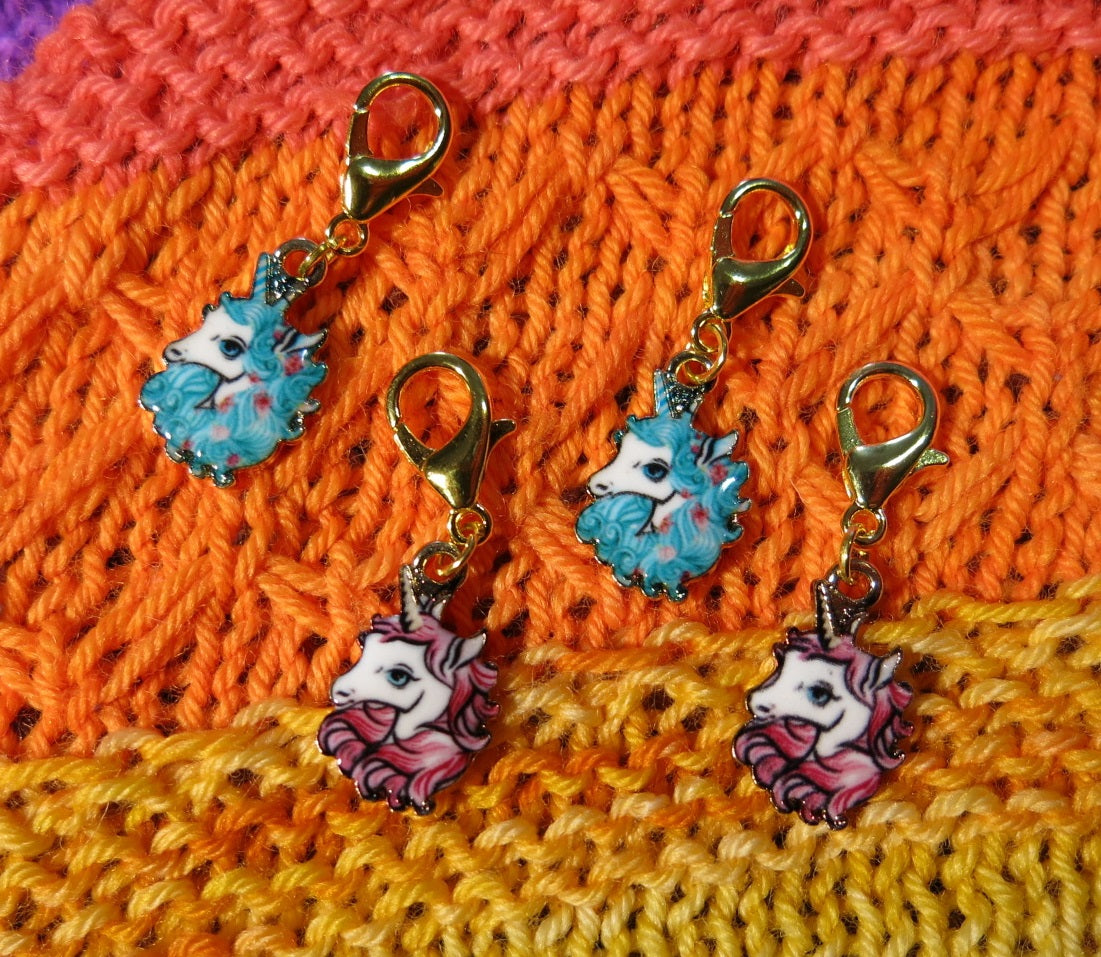 Pastel pink and blue enamel unicorn charm stitich markers on lobster clasps