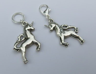 double sided silver coloured unicorn stitch marker on a lobster clasp