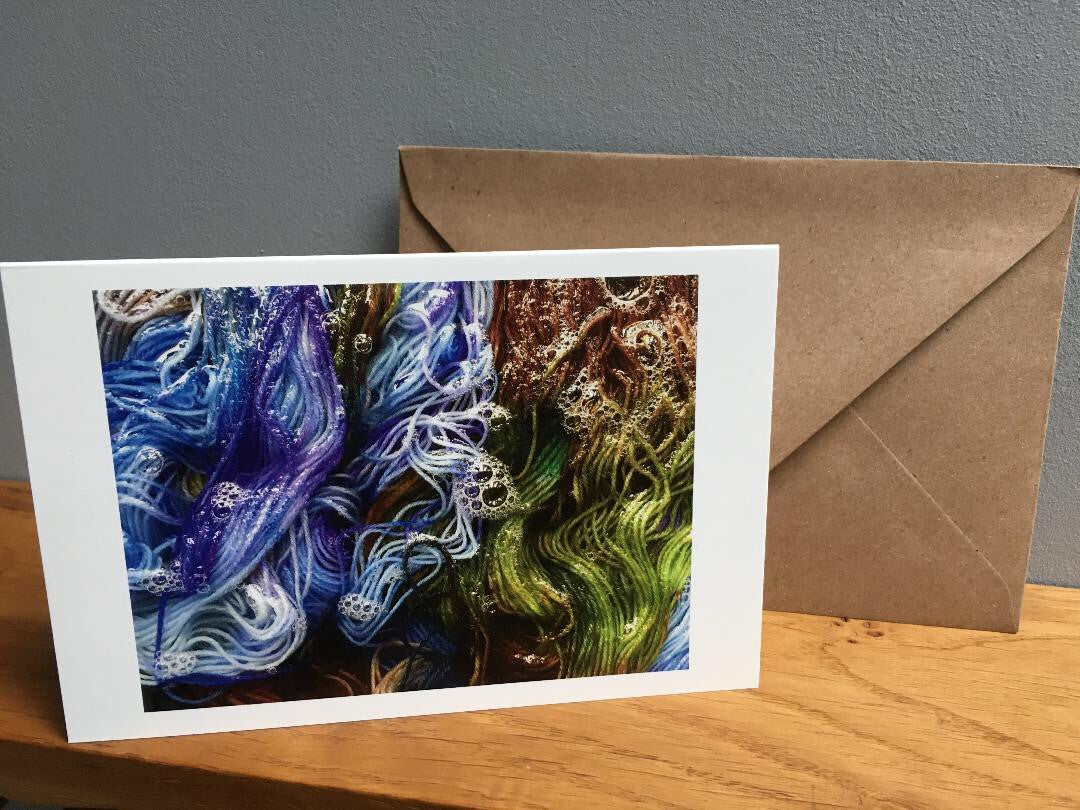 blue and green hand dyed yarn greeting card stationary set