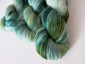 kettle dyed green and blue merino yarn for knitting and crochet