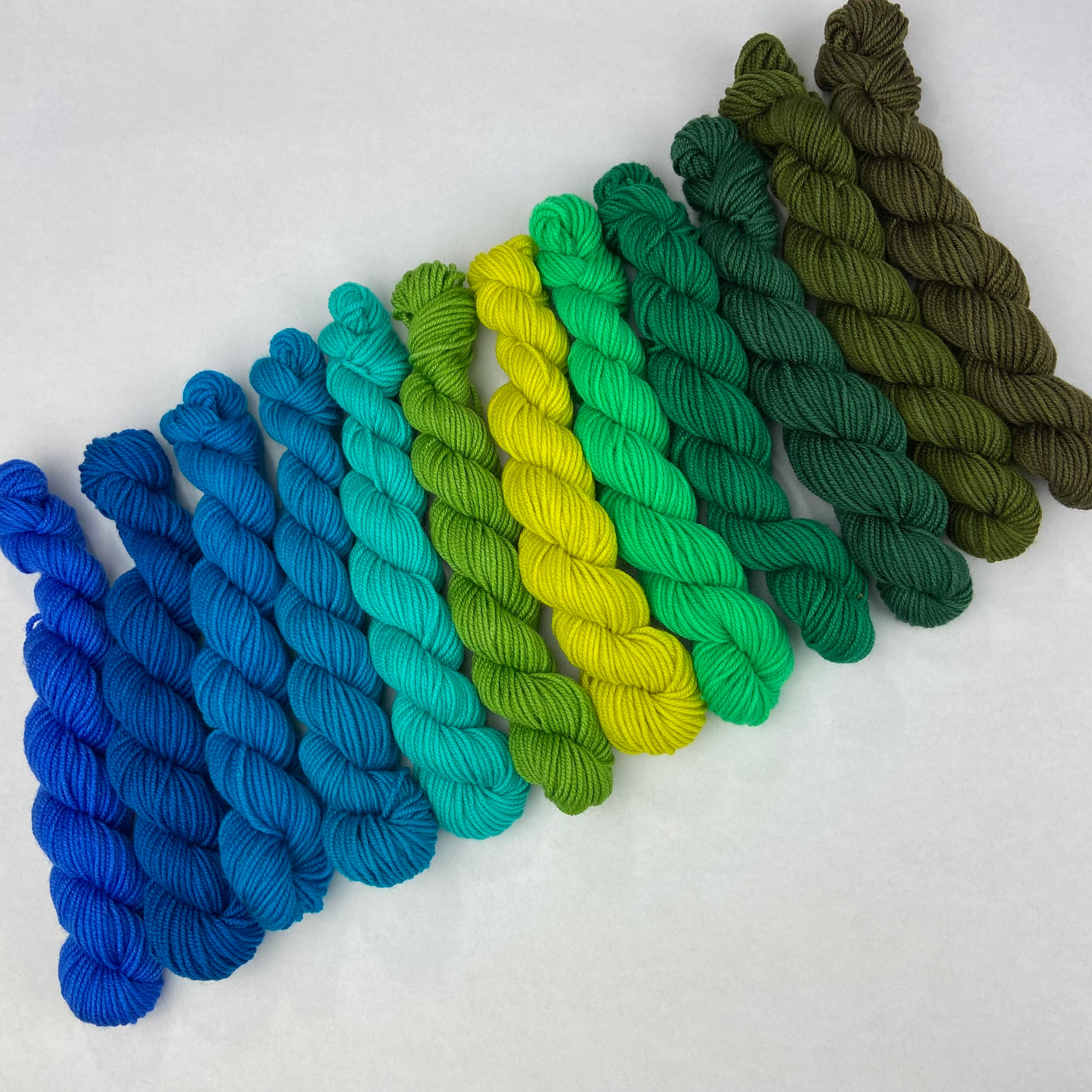 Peacock Solids 12 Colour Mini Skein Set on Patsy DK