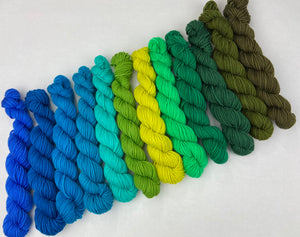 Peacock Solids 12 Colour Mini Skein Set on Patsy DK