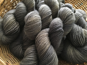 hand dyed tonal black and grey high twist bfl sock yarn skeins