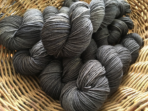 hand dyed tonal black and grey 8 ply dk merino yarn skeins